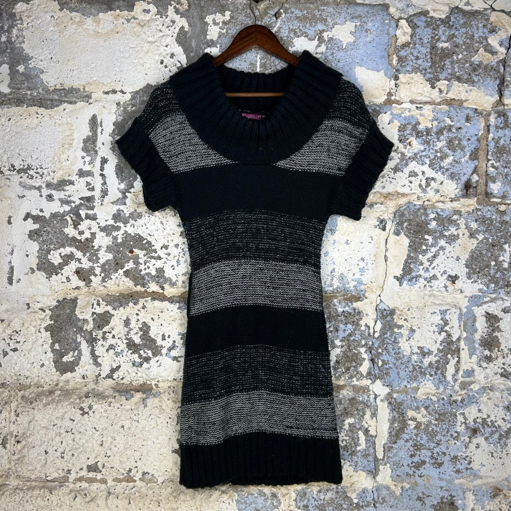 Vintage Y2K Say What? Sweater Dress Black Gray Striped Cowl Neck Knit Womens S